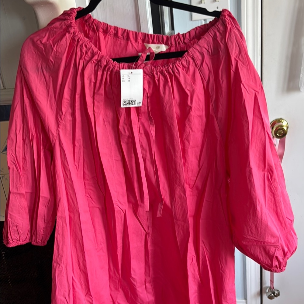H&M Pink Ruched Cuffed Sleeve Midi Dress